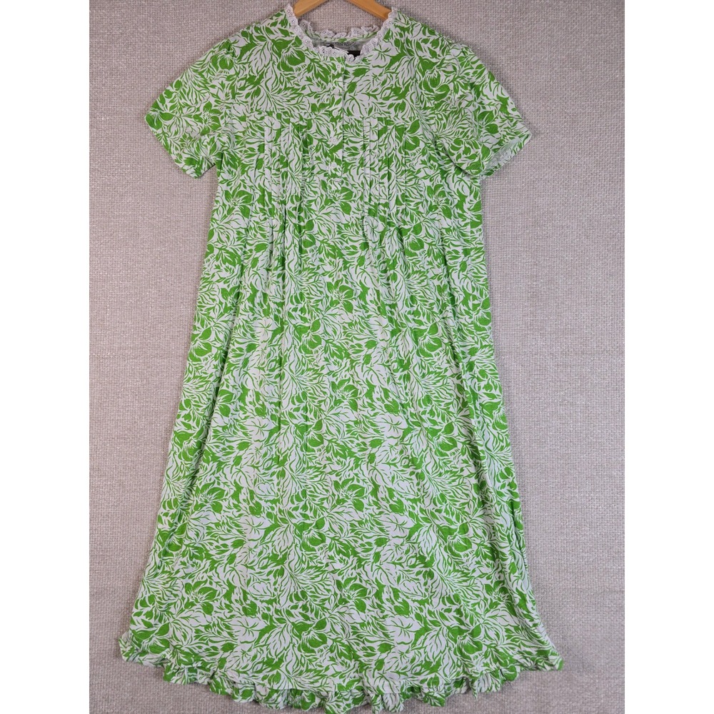Cozee Corner Womens Green White Cotton Leaf Print Lace Trim Nightgown Large
